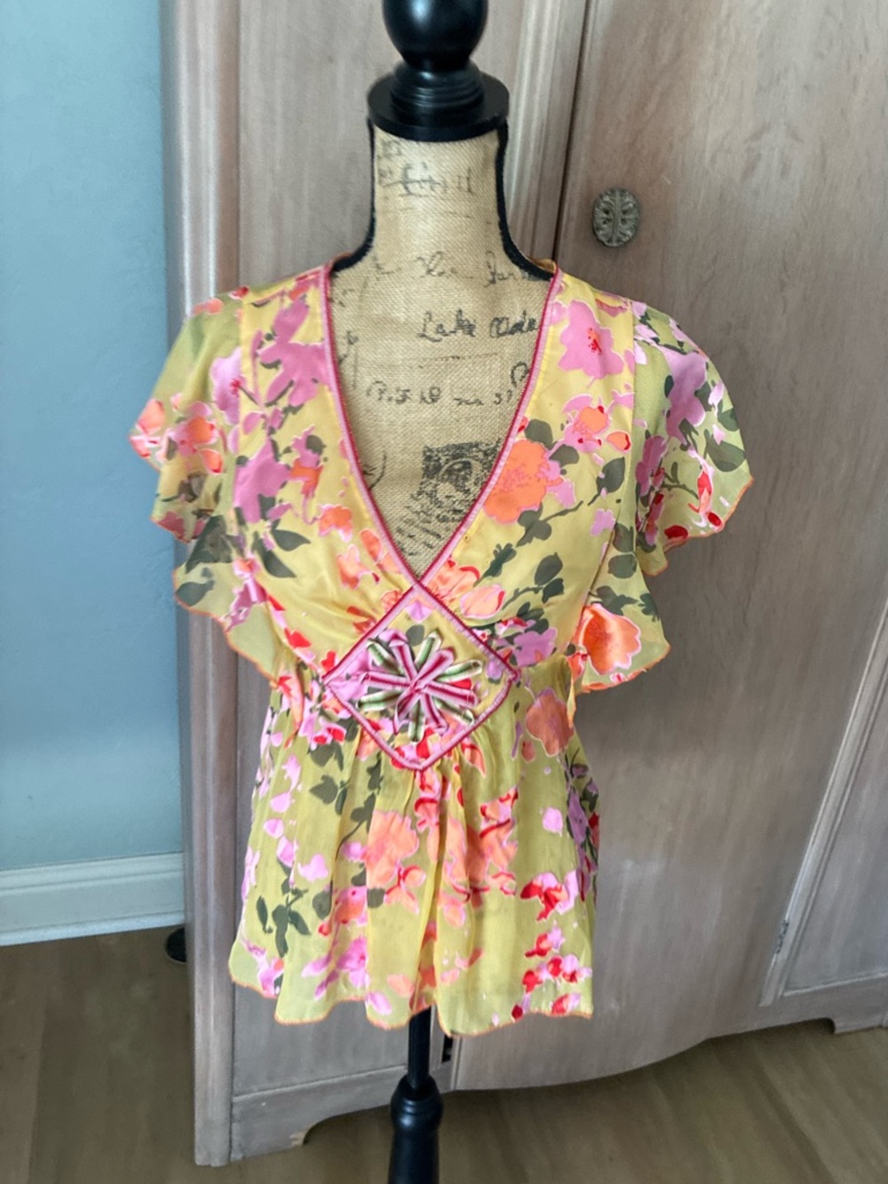 VTG Y2K Cynthia Steffens silk burnout Fairy Babydoll Blouse top Floral sheer 8